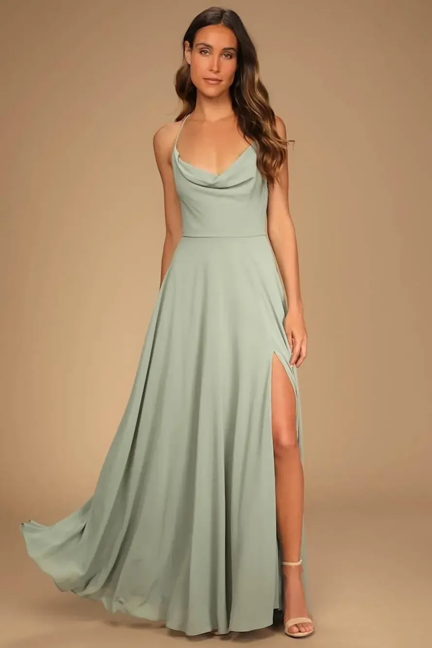 NWT Lulus Romantically Speaking Sage Green Cowl Lace-Up Maxi Dress Bridesmaid M